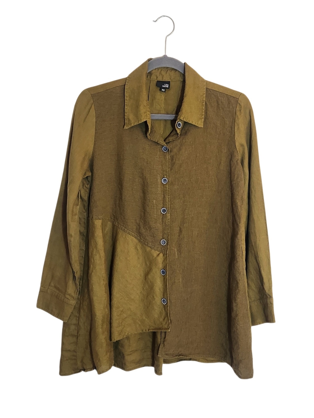 Lisa Bayne Olive Green Linen Asymmetrical Hem Tunic Size XS